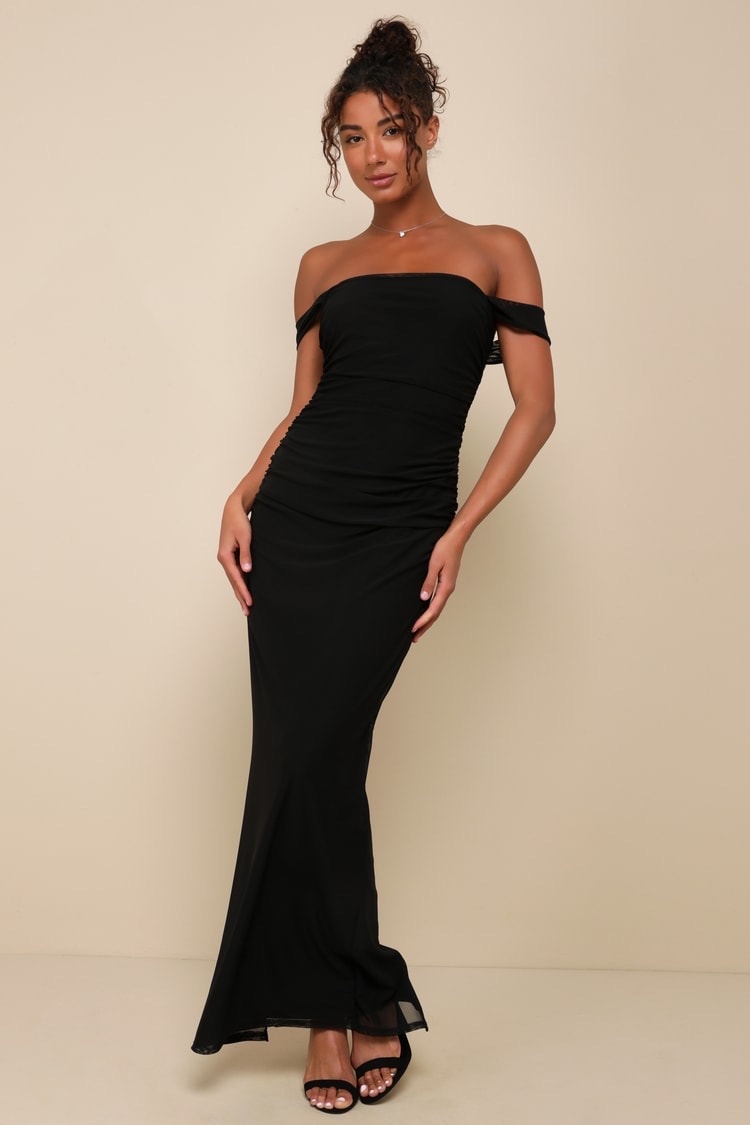 Lulus Amazing Presence Black Mesh Ruched Column Maxi Dress Long Formal Small Nwt